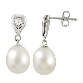 PearLustre by Imperial Sterling Silver Freshwater Cultured Pearl & White Topaz Drop Earrings