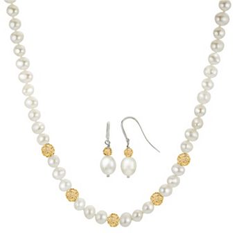 PearLustre by Imperial Sterling Silver Freshwater Cultured Pearl & Champagne Crystal Bead Station Necklace & Drop Earring Set
