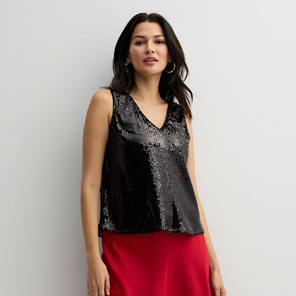 Women's Nine West V-Neck Tank Top - Black Sequin (X LARGE)