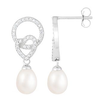 Splendid Pearls Sterling Silver Freshwater Cultured Pearl Heart Drop Earrings