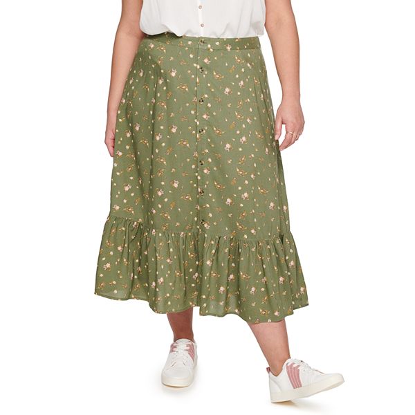 Juniors Plus Size SO Button Down High Low Midi Skirt