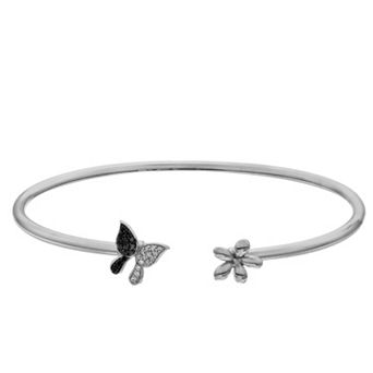 Sterling Silver 1/7 Carat T.W. Black & White Diamond Butterfly & Flower Cuff Bracelet