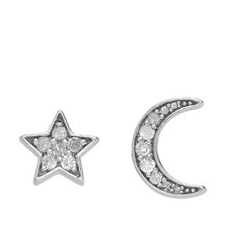Sterling Silver 1/10 Carat T.W. Diamond Star & Moon Stud Earrings