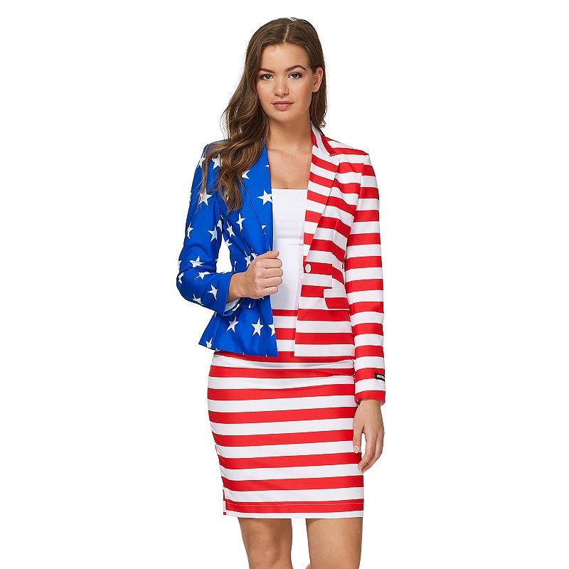 Womens Suitmeister USA Flag Patriotic Jacket & Skirt Suit Set, Size: Mediu
