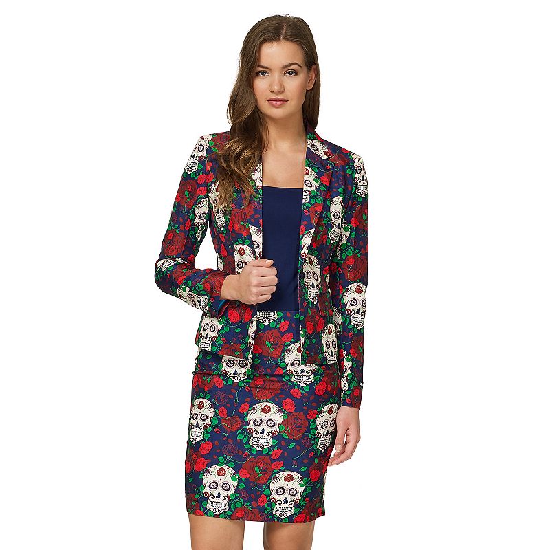 Womens Suitmeister Day of the Dead Halloween Jacket & Skirt Suit Set, Size
