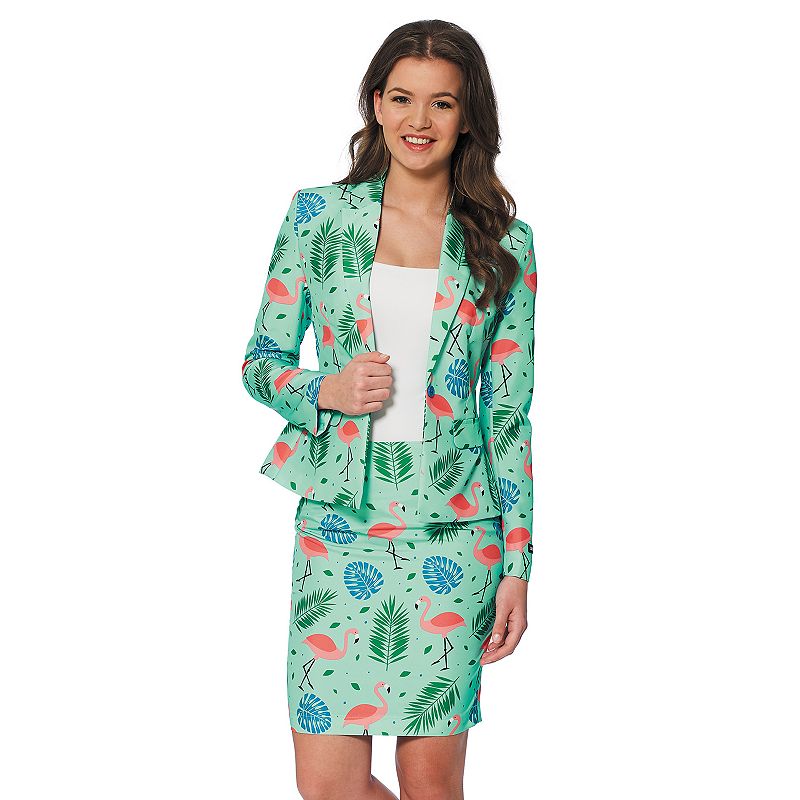 Womens Suitmeister Tropical Flamingo Jacket & Skirt Suit Set, Size: Small,