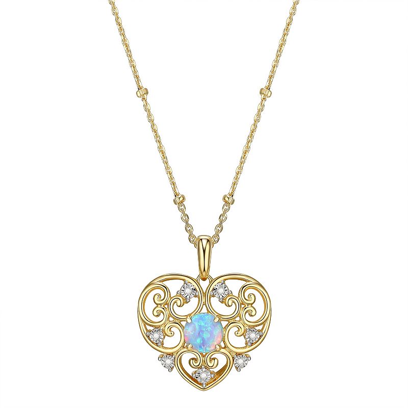 18k Gold Over Silver Lab Created Blue Opal & Diamond Accent Filigree Heart