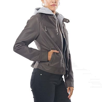 Juniors' Jou Jou Mock-Layer Hooded Faux-Leather Moto Jacket