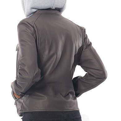 Juniors' Jou Jou Mock-Layer Hooded Faux-Leather Moto Jacket