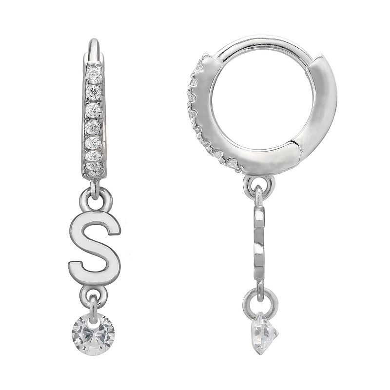 PRIMROSE Sterling Silver Initial Huggie Hoop Drop Earrings, Womens, Grey