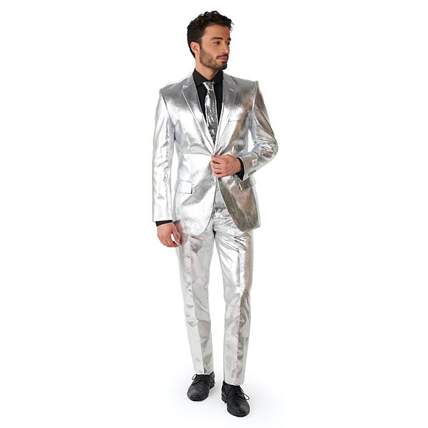 Men's OppoSuits Shiny Silver Slim-Fit Novelty Party Suit & Tie Set