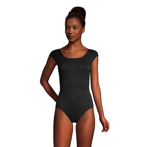 Women S Lands End Cap Sleeve High Neck One Piece Swimsuit