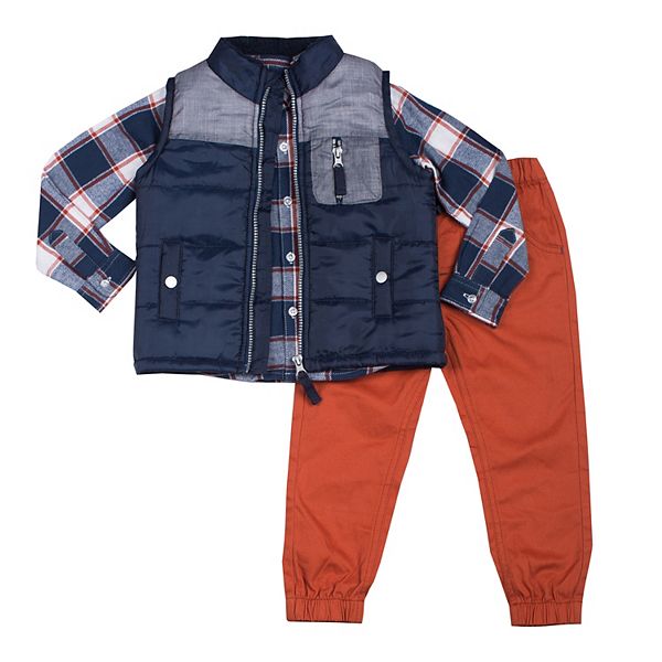 Toddler Boy Little Lad 3 Piece Plaid Puffer Vest Set