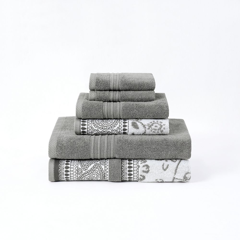 Modern Threads 6-piece Yarn Dyed Jacquard & Solid Bath Towel Set - Color: Gray