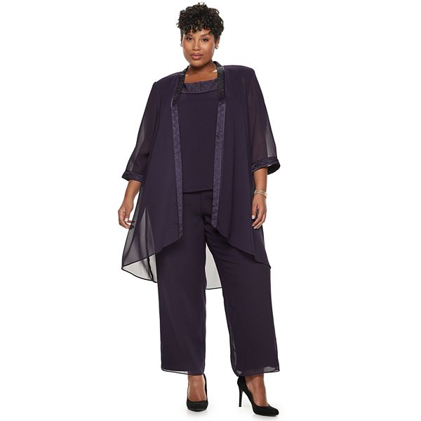 Plus Size Le Bos 3-piece Satin-Trim Duster Jacket Top & Pants Set