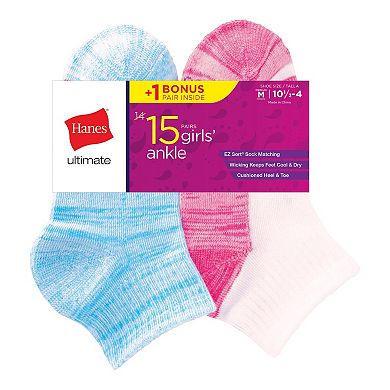 Girls 4-16 Hanes 14-pack + 1 Bonus Ultimate Cool Comfort Ankle Socks