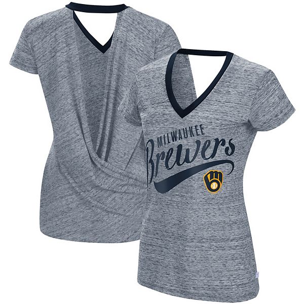 Women's Touch Navy Milwaukee Brewers Hail Mary V-Neck Back Wrap T-Shirt Size: Small