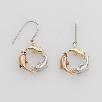 Jewelry for Trees 14k Gold & Sterling Silver Tri-Tone Dolphin Drop Earrings