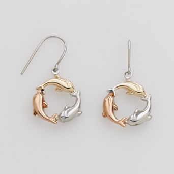 Jewelry for Trees 14k Gold & Sterling Silver Tri-Tone Dolphin Drop Earrings