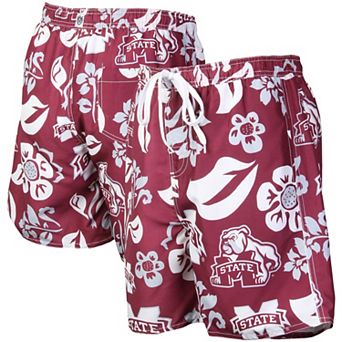 Men's Wes & Willy Maroon Mississippi State Bulldogs Floral Volley Logo Swim Trunks