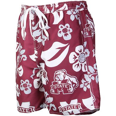 Men's Wes & Willy Maroon Mississippi State Bulldogs Floral Volley Logo Swim Trunks