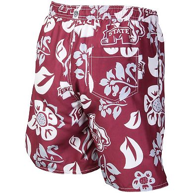 Men's Wes & Willy Maroon Mississippi State Bulldogs Floral Volley Logo Swim Trunks