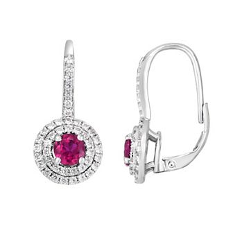 Sterling Silver Lab-Created Ruby & Lab-Created White Sapphire Halo Drop Earrings