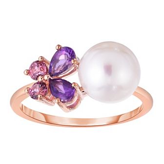 Rose Gold Tone Freshwater Cultured Pearl & Gemstone Ring