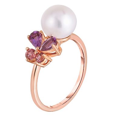 Rose Gold Tone Freshwater Cultured Pearl & Gemstone Ring