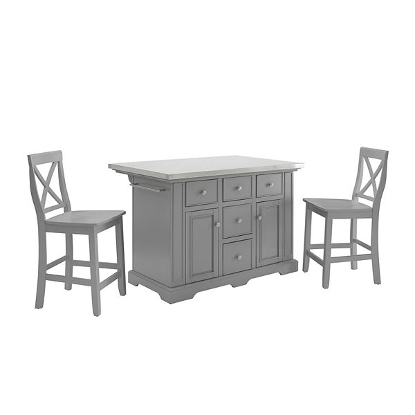 Crosley Julia Stainless SteelTop Kitchen Island with Stools 3piece Set