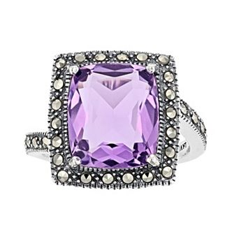 Lavish by TJM Sterling Silver Lab-Created Amethyst & Marcasite Cushion Ring