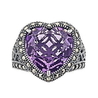 Lavish by TJM Sterling Silver Lab-Created Amethyst & Marcasite Heart Ring