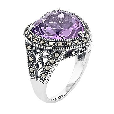 Lavish by TJM Sterling Silver Lab-Created Amethyst & Marcasite Heart Ring
