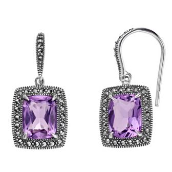 Lavish by TJM Sterling Silver Lab-Created Amethyst & Marcasite Cushion Earrings