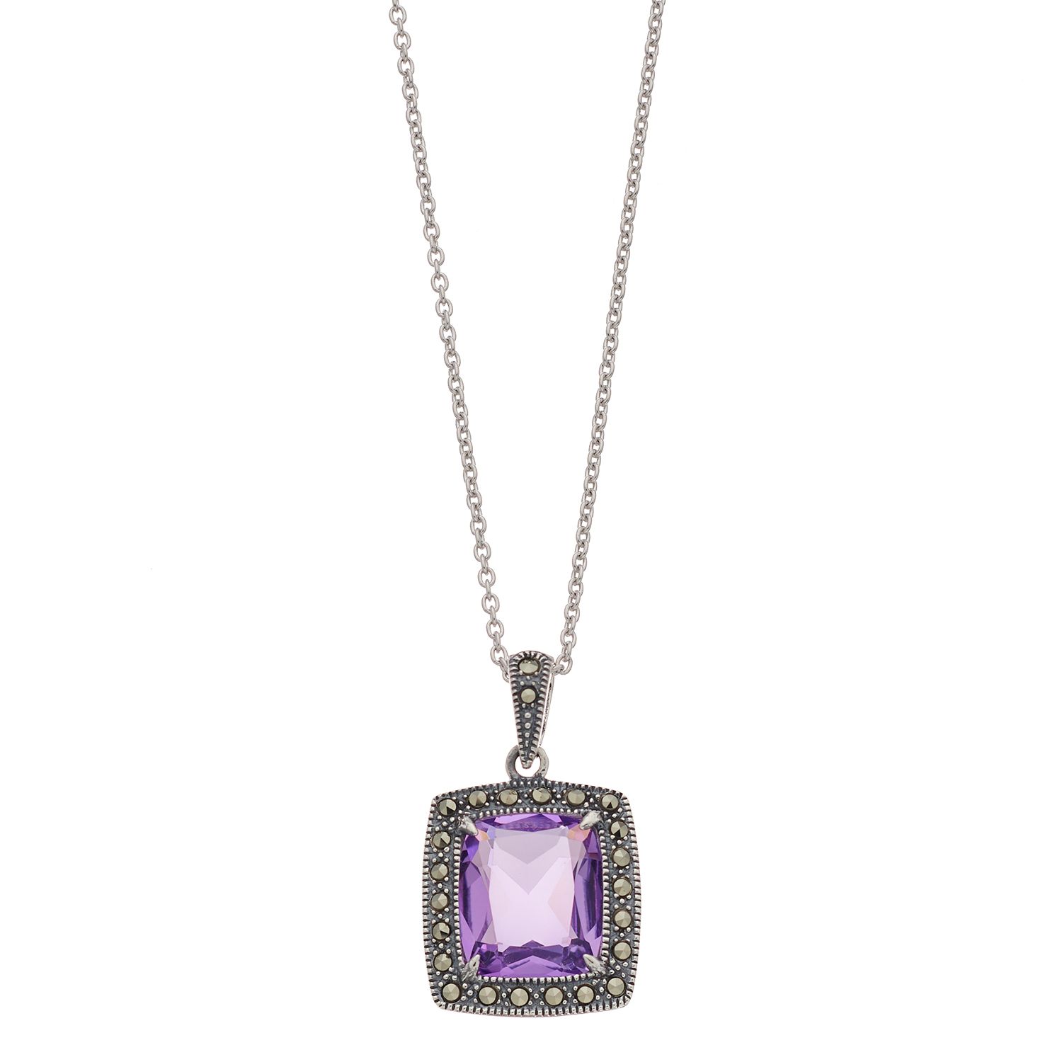 Image for Lavish by TJM Sterling Silver Lab-Created Amethyst & Marcasite Cushion Pendant Necklace at Kohl's.