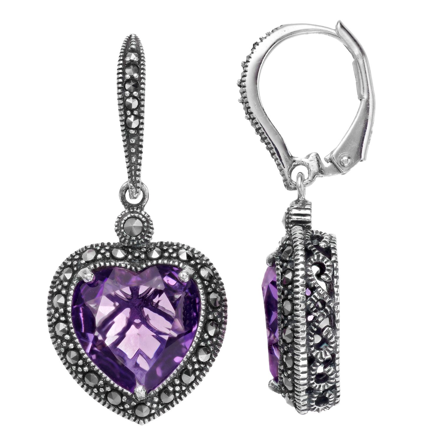 Image for Lavish by TJM Sterling Silver Lab-Created Amethyst & Marcasite Heart Earrings at Kohl's.