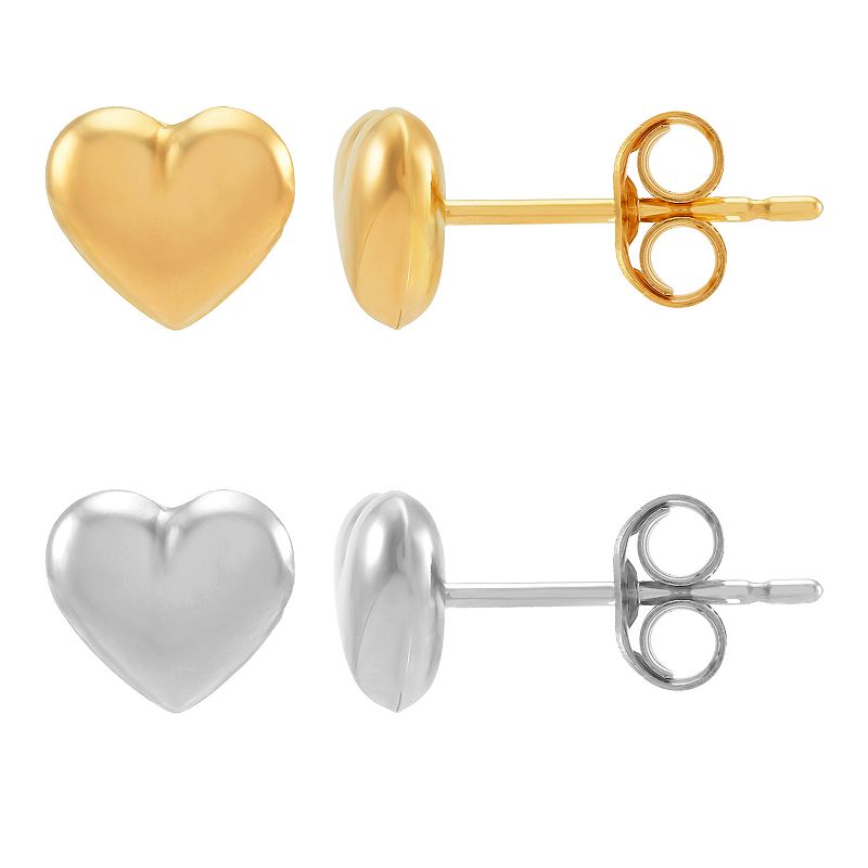 Everlasting Gold 2-Pair Puffed Heart Stud Earring Set, Womens, Multicolor