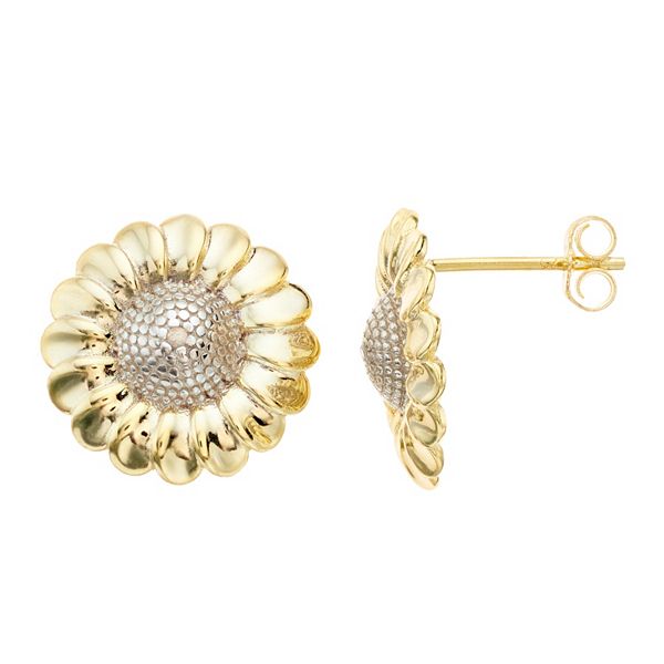 14k Gold Over Silver Cubic Zirconia Flower Stud Earrings