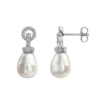 Sterling Silver Freshwater Cultured Pearl & Cubic Zirconia Drop Earrings
