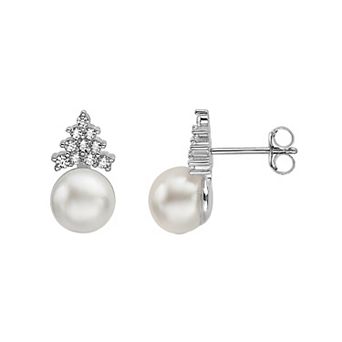Sterling Silver Freshwater Cultured Pearl & Round Cubic Zirconia Stud Earrings
