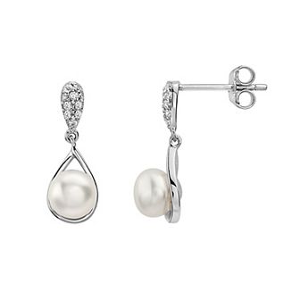 Sterling Silver Freshwater Cultured Pearl & Cubic Zirconia Drop Earrings