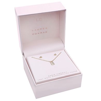 LC Lauren Conrad Sterling Silver Stud Earrings & Lock Necklace Set 