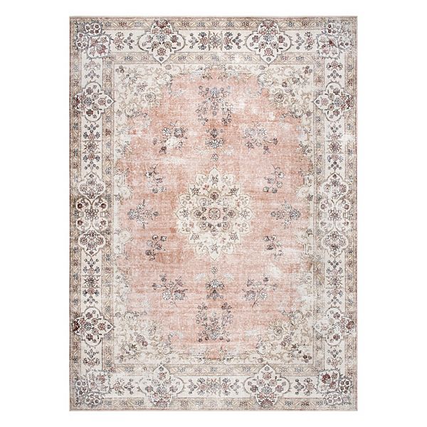 Nuloom Ren Medallion 6x9 Machine Washable Indoor Area Rug for Living Room Bedroom Dining Room Kitchen, Peach/Ivory