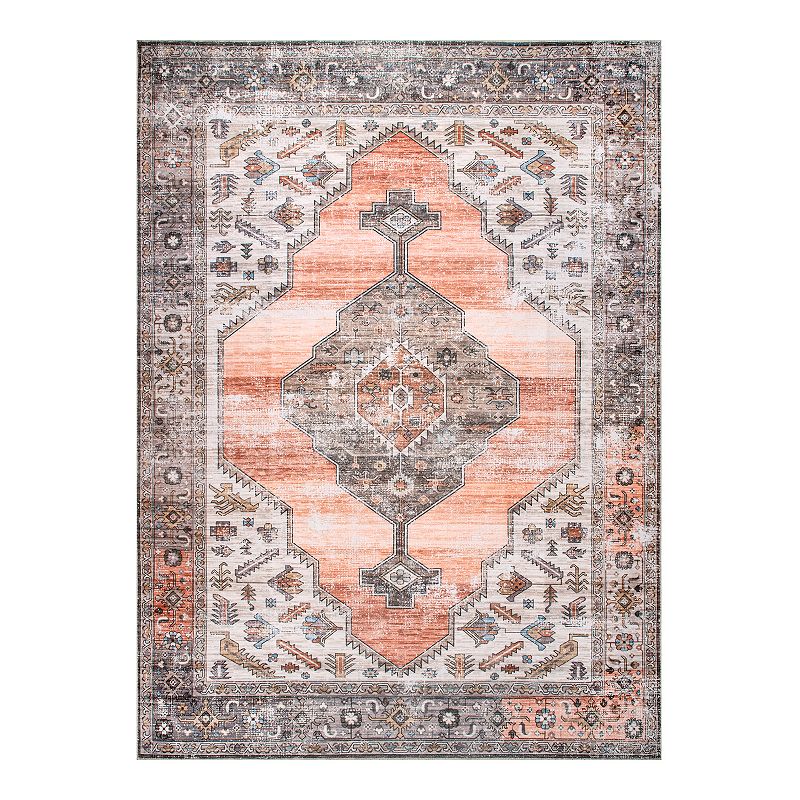 nuLOOM Gracie Machine Washable Distressed Medallion Rug, Orange, 2.5X8 Ft