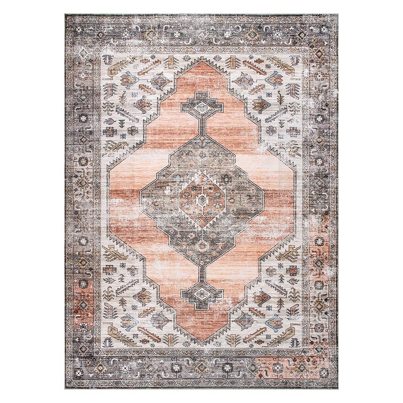 nuLOOM Gracie Machine Washable Distressed Medallion Rug, Pink, 8X10 Ft