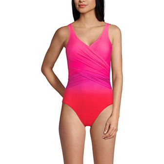 Women's Lands' End SlenderSuit Tummy Control Surplice One-Piece Swimsuit