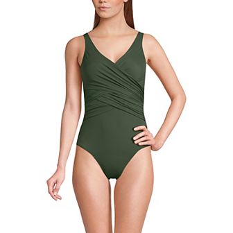 Women's Lands' End SlenderSuit Tummy Control Surplice One-Piece Swimsuit