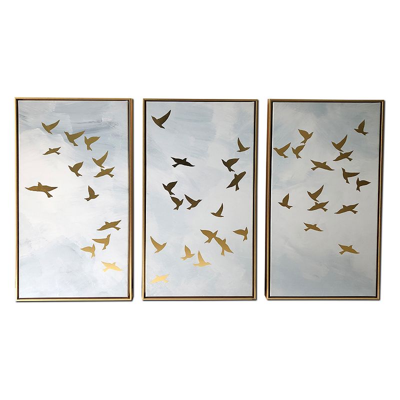 Gallery 57 Gold Finish Birds Canvas Wall Art 3-piece Set, Blue, 48X30