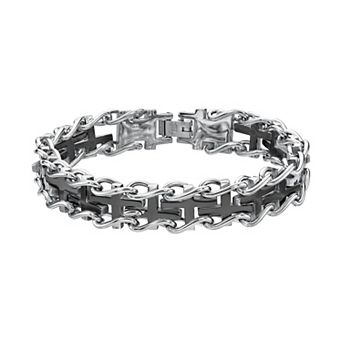 Men's LYNX Black Ion-Plated Stainless Steel Cross Railroad Bracelet