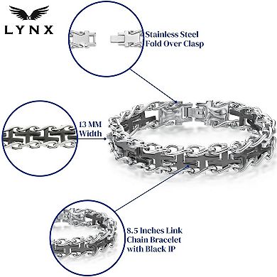 Men's LYNX Black Ion-Plated Stainless Steel Cross Railroad Bracelet 